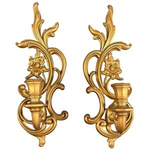 Vintage Syroco Gold Floral Wall Sconce Candle Holders Pair Hollywood Regency MCM